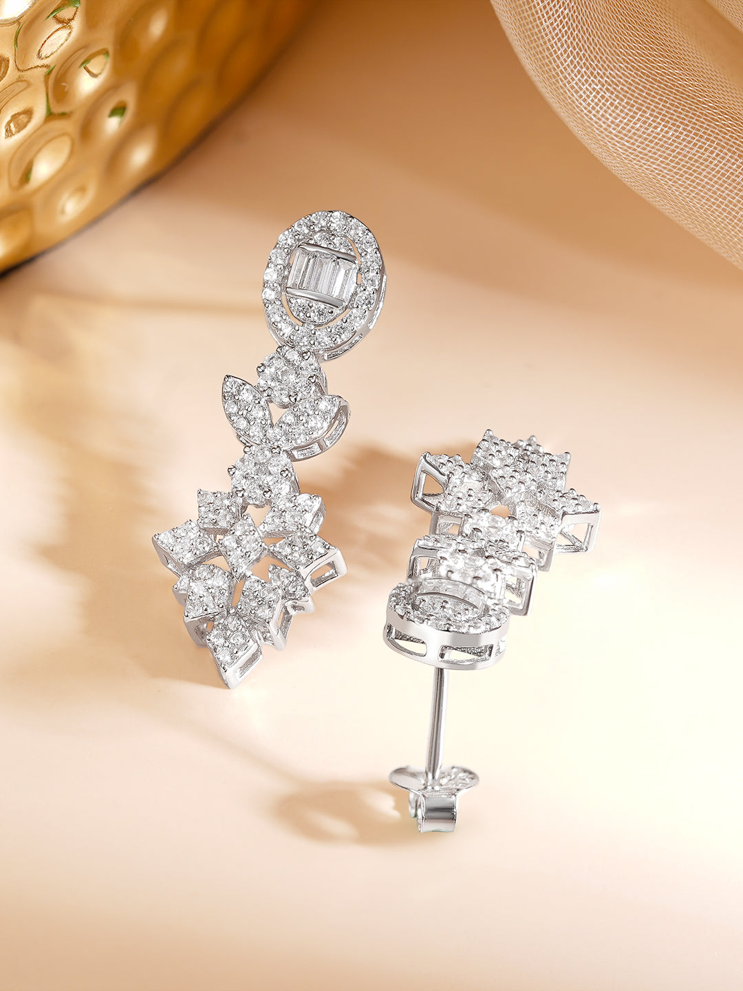 925 Fine Silver Rhodium Plated Cubic Zirconia Floral Drop Earrings フリーサイズ