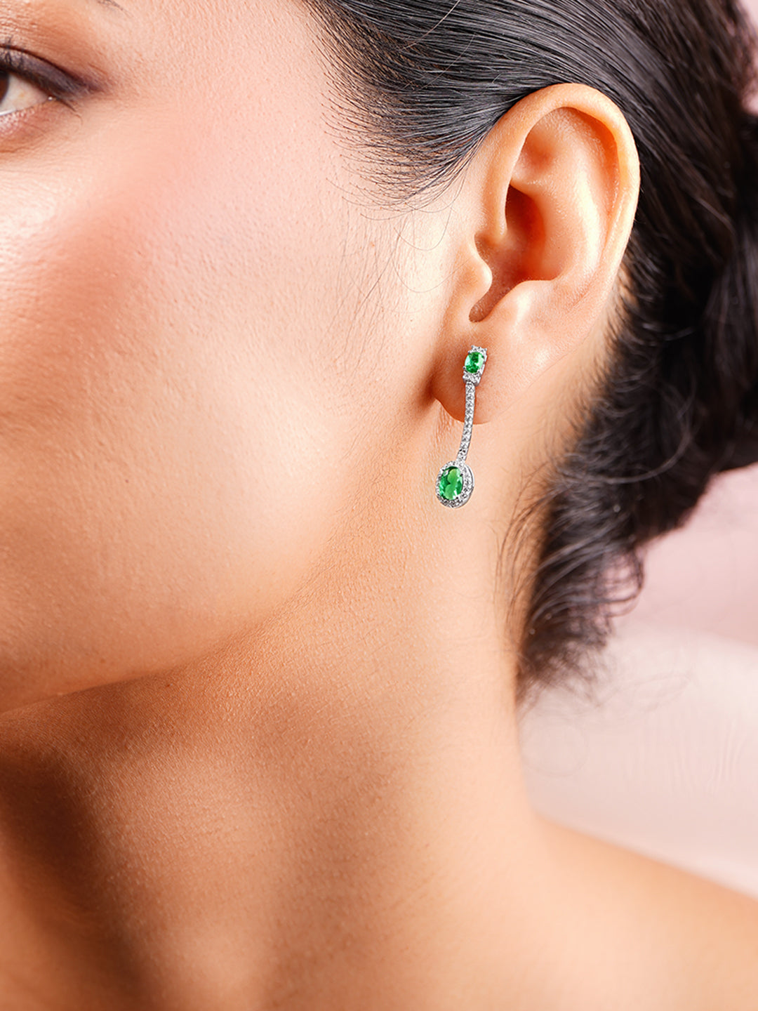 925 Fine Silver Rhodium Plated Emerald Dangler Earrings フリーサイズ