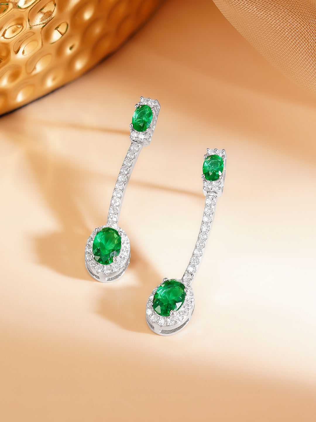 925 Fine Silver Rhodium Plated Emerald Dangler Earrings フリーサイズ