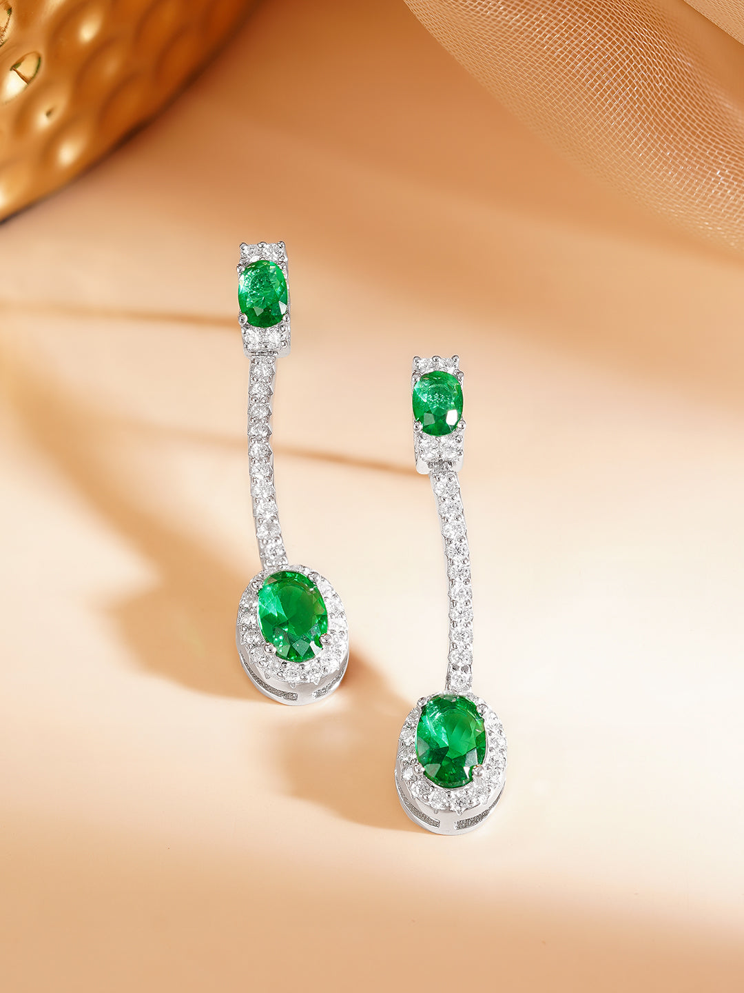925 Fine Silver Rhodium Plated Emerald Dangler Earrings フリーサイズ