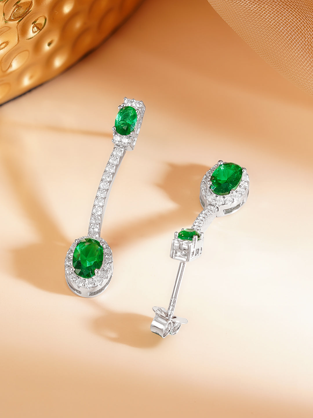 925 Fine Silver Rhodium Plated Emerald Dangler Earrings フリーサイズ