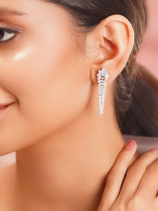 925 Fine Silver Rhodium Plated Floral Design Dangler Earrings フリーサイズ