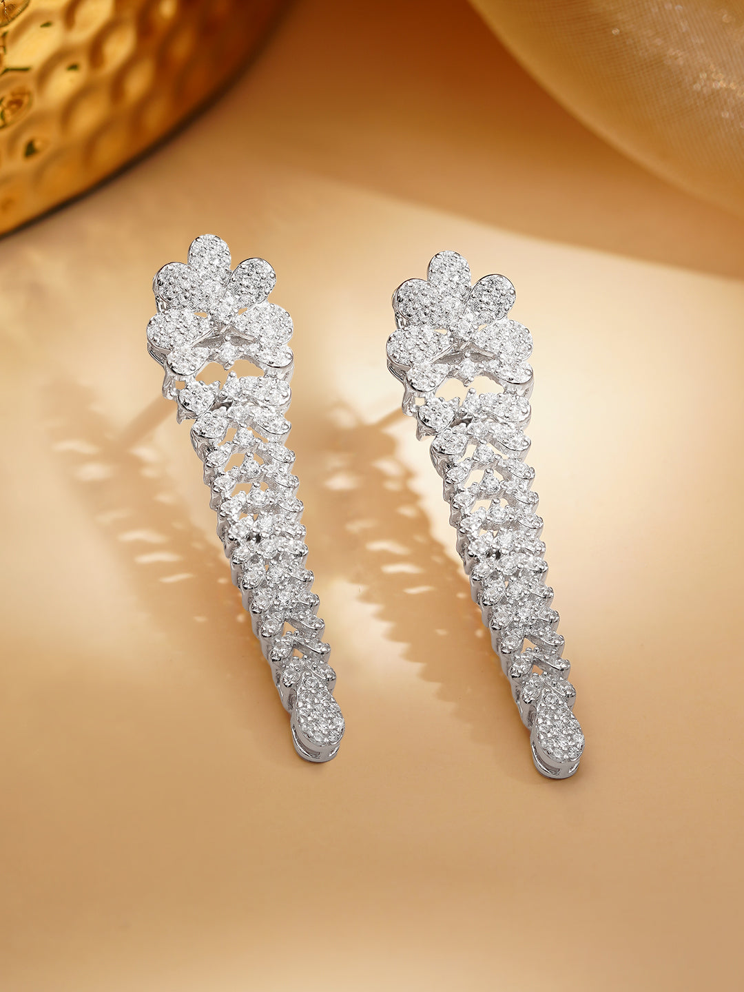 925 Fine Silver Rhodium Plated Floral Design Dangler Earrings フリーサイズ