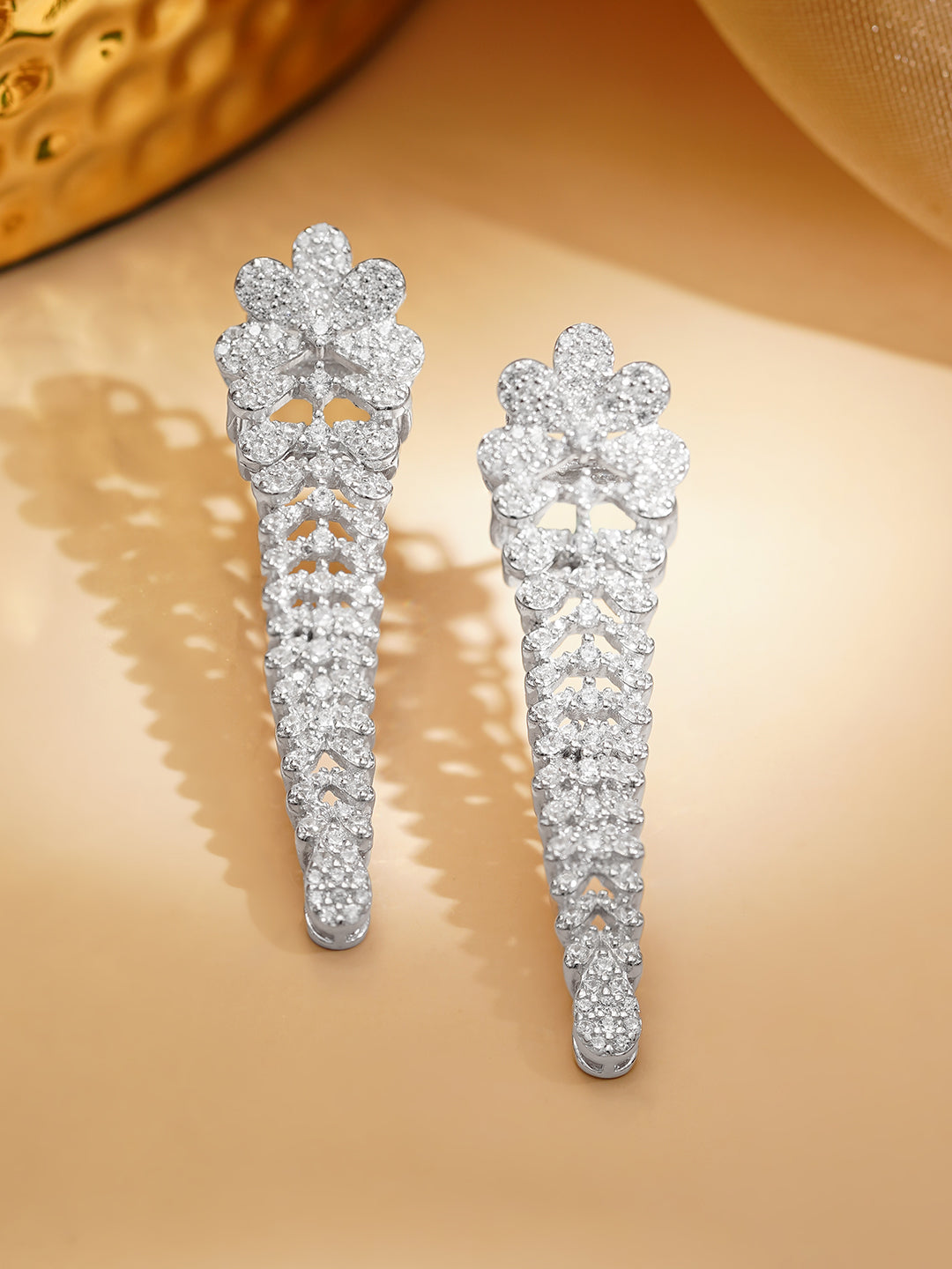 925 Fine Silver Rhodium Plated Floral Design Dangler Earrings フリーサイズ