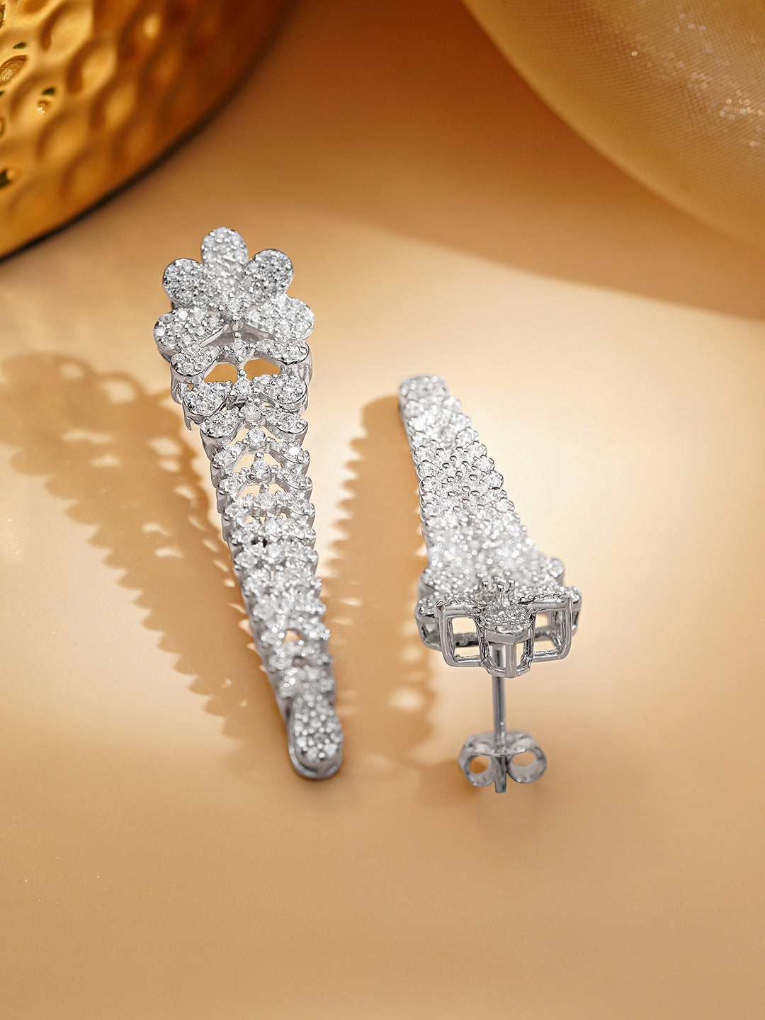 925 Fine Silver Rhodium Plated Floral Design Dangler Earrings フリーサイズ