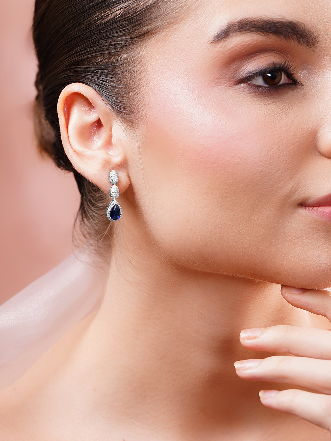 925 Fine Silver Rhodium Plated American Diamond Zirconia Blue Sapphire Earrings フリーサイズ
