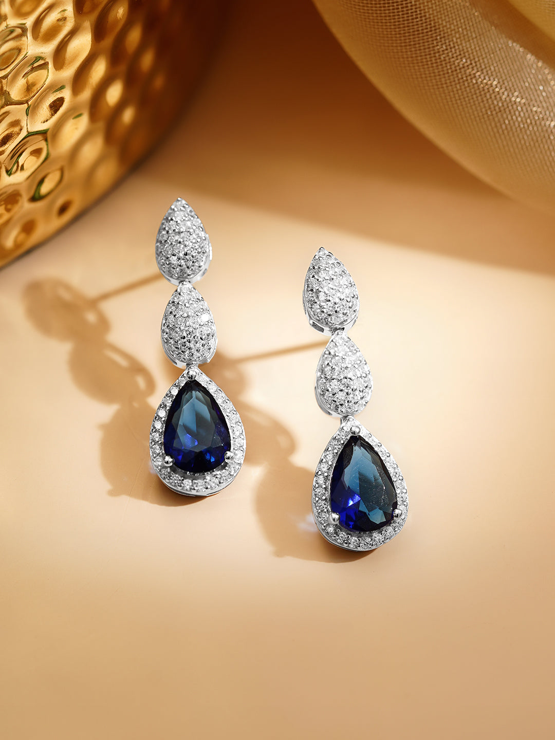 925 Fine Silver Rhodium Plated American Diamond Zirconia Blue Sapphire Earrings フリーサイズ