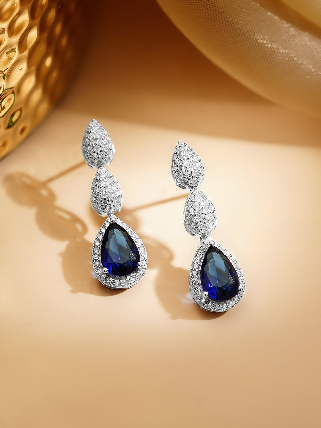 925 Fine Silver Rhodium Plated American Diamond Zirconia Blue Sapphire Earrings フリーサイズ