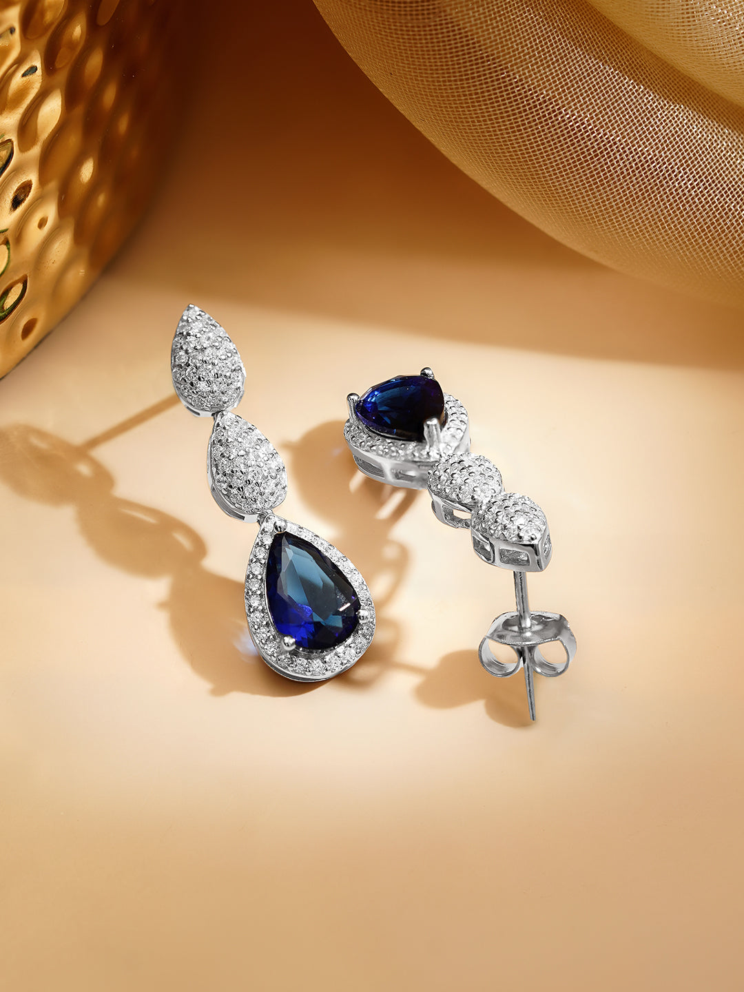 925 Fine Silver Rhodium Plated American Diamond Zirconia Blue Sapphire Earrings フリーサイズ