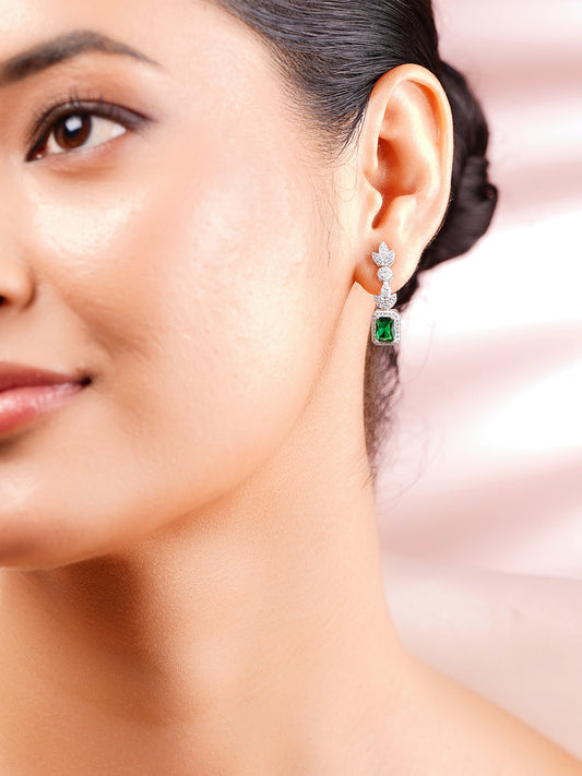 925 Fine Silver Rhodium Plated Cubic Emerald Dangler Earrings フリーサイズ