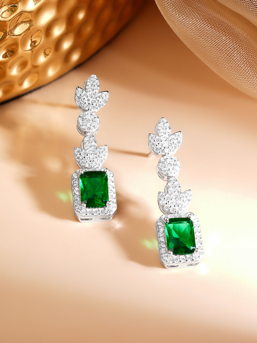 925 Fine Silver Rhodium Plated Cubic Emerald Dangler Earrings フリーサイズ