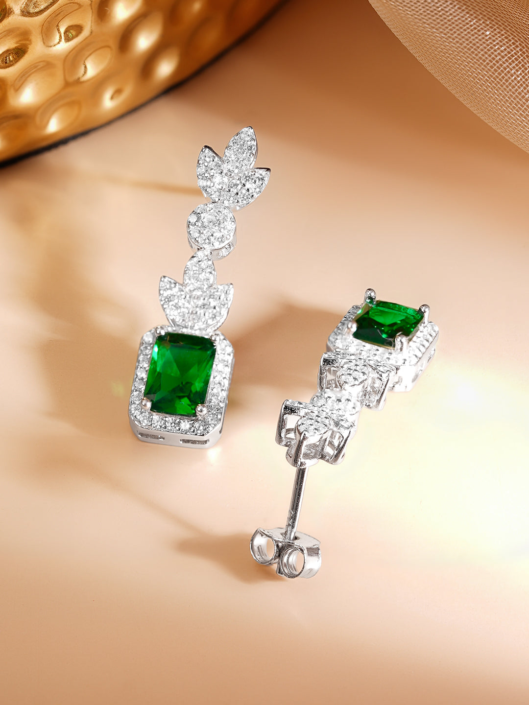 925 Fine Silver Rhodium Plated Cubic Emerald Dangler Earrings フリーサイズ