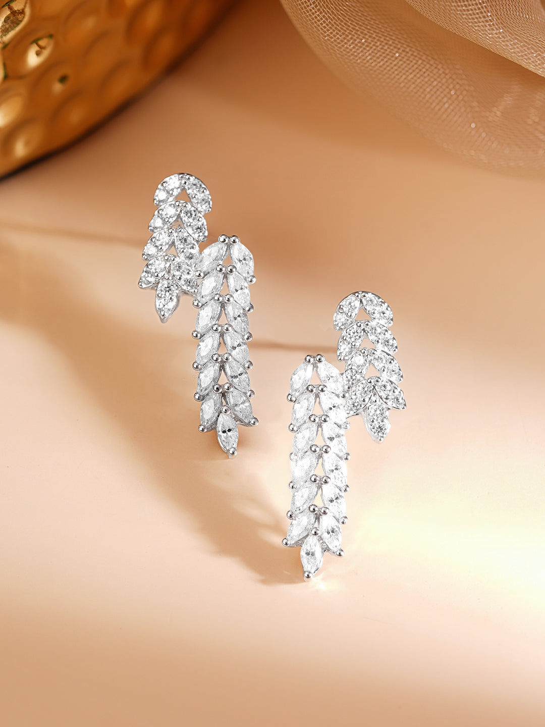 925 Fine Silver Rhodium Plated American Diamon Zirconia Abstract Design Dangler Earrings フリーサイズ