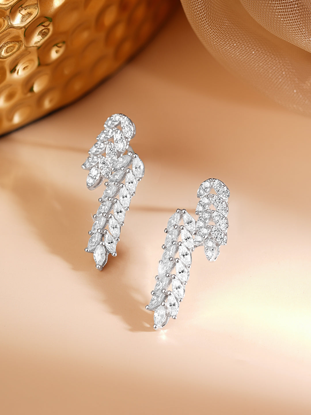 925 Fine Silver Rhodium Plated American Diamon Zirconia Abstract Design Dangler Earrings フリーサイズ