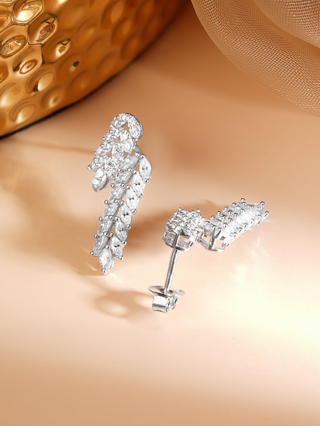 925 Fine Silver Rhodium Plated American Diamon Zirconia Abstract Design Dangler Earrings フリーサイズ
