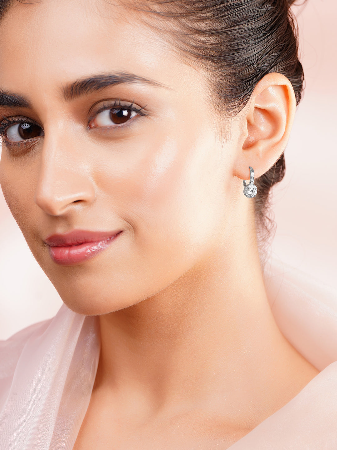 925 Fine Silver Halo Solitaire Cubic Zirconia Hoop Earrings フリーサイズ