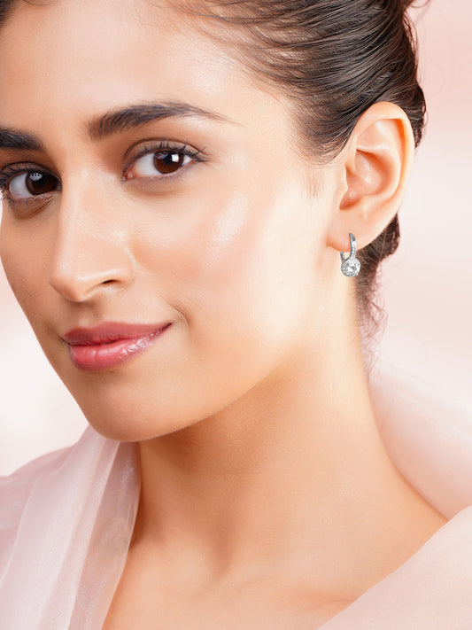 925 Fine Silver Halo Solitaire Cubic Zirconia Hoop Earrings フリーサイズ
