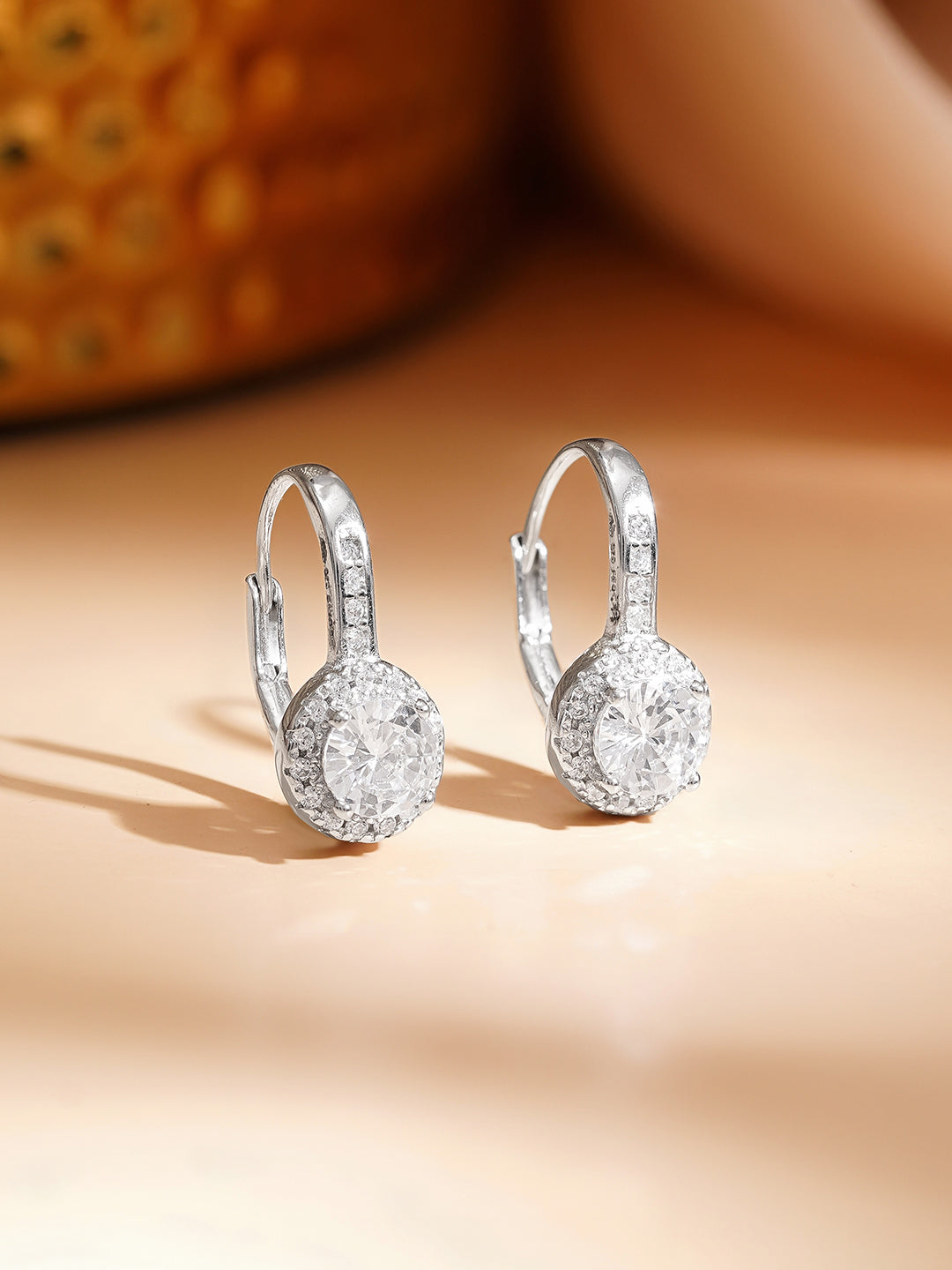 925 Fine Silver Halo Solitaire Cubic Zirconia Hoop Earrings フリーサイズ