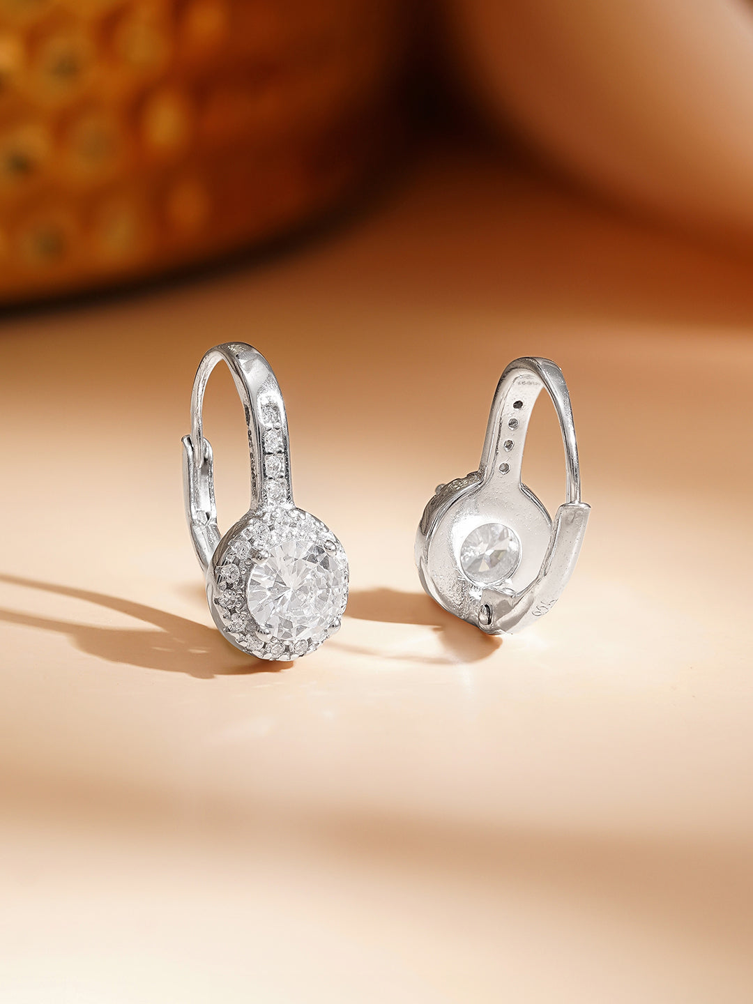 925 Fine Silver Halo Solitaire Cubic Zirconia Hoop Earrings フリーサイズ