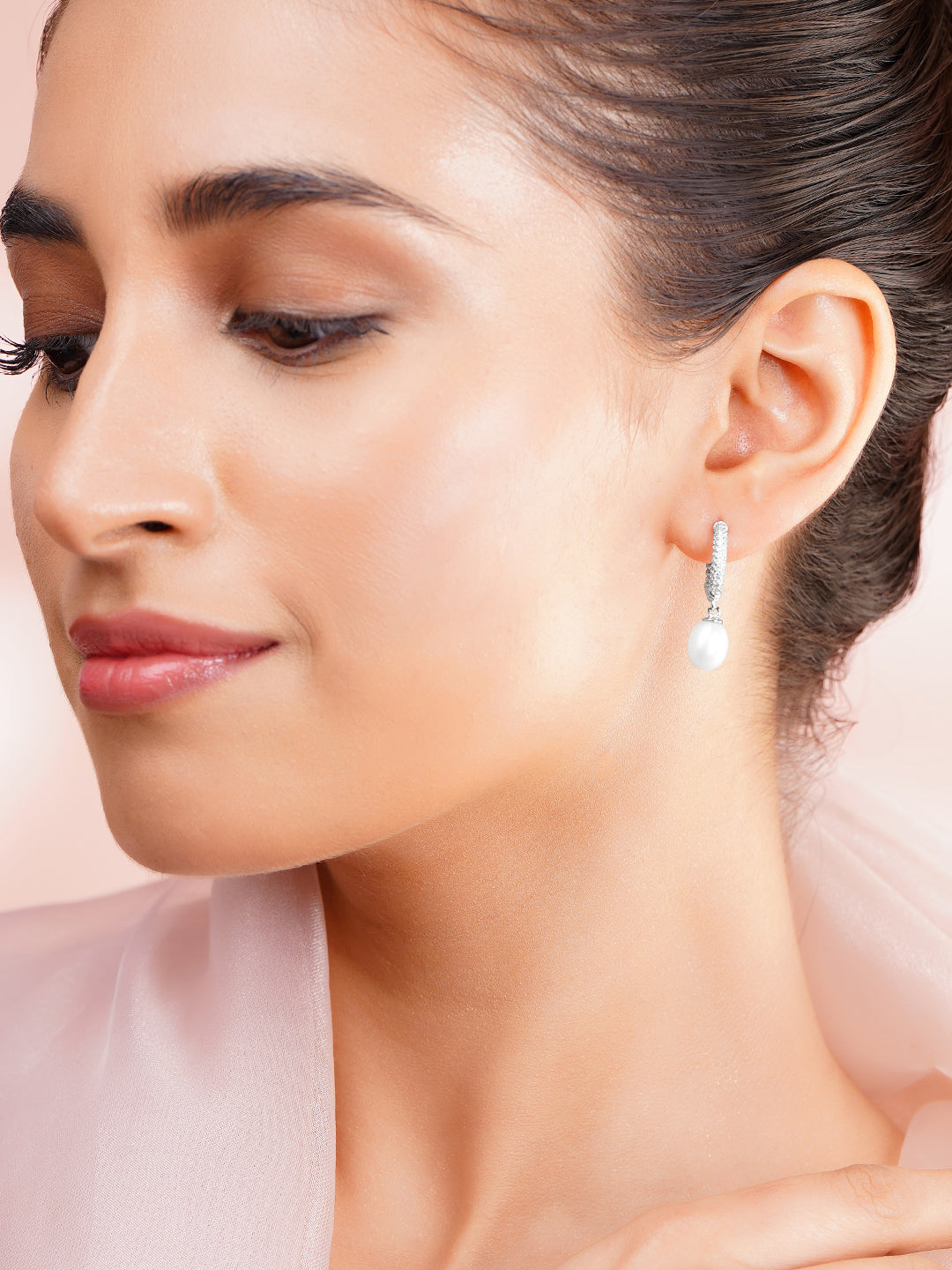 925 Fine Silver Crystal Pearl Hoop Drop Earrings フリーサイズ