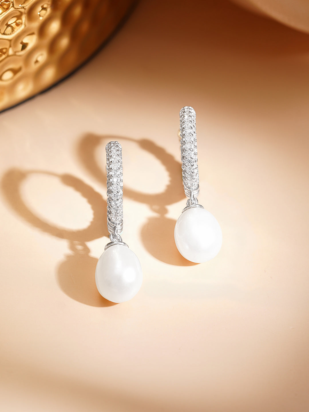925 Fine Silver Crystal Pearl Hoop Drop Earrings フリーサイズ