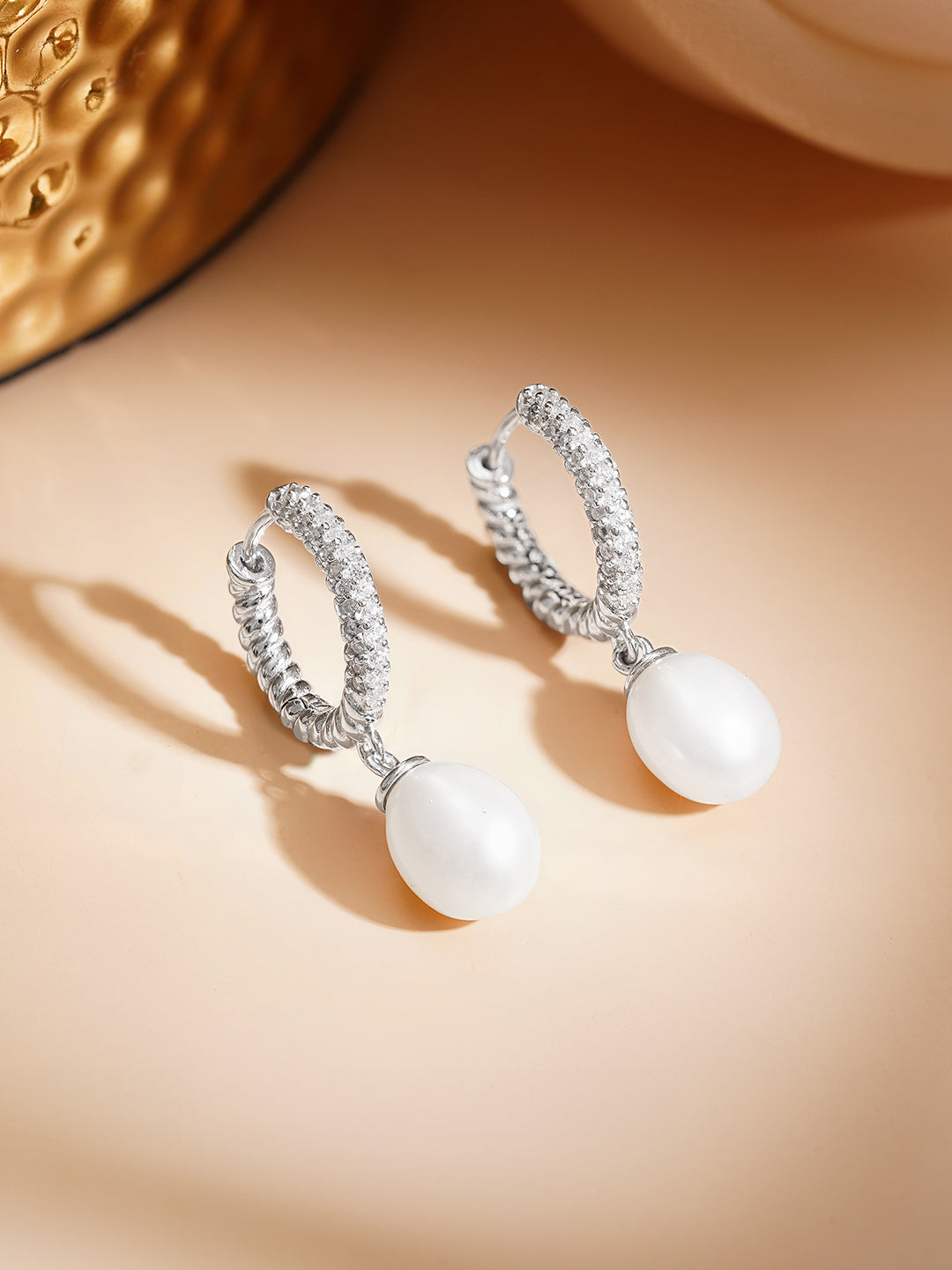 925 Fine Silver Crystal Pearl Hoop Drop Earrings フリーサイズ