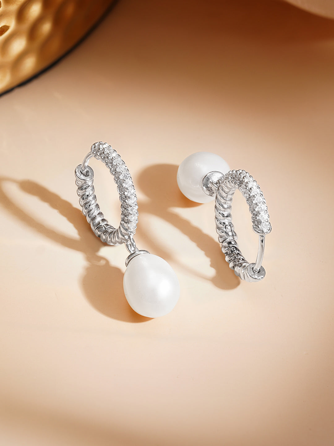 925 Fine Silver Crystal Pearl Hoop Drop Earrings フリーサイズ