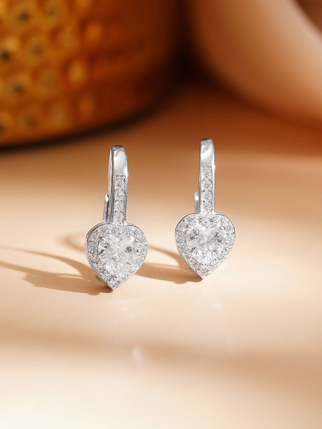 925 Fine Silver Minimal Heart Cubic Zirconia Hoop Earrings フリーサイズ