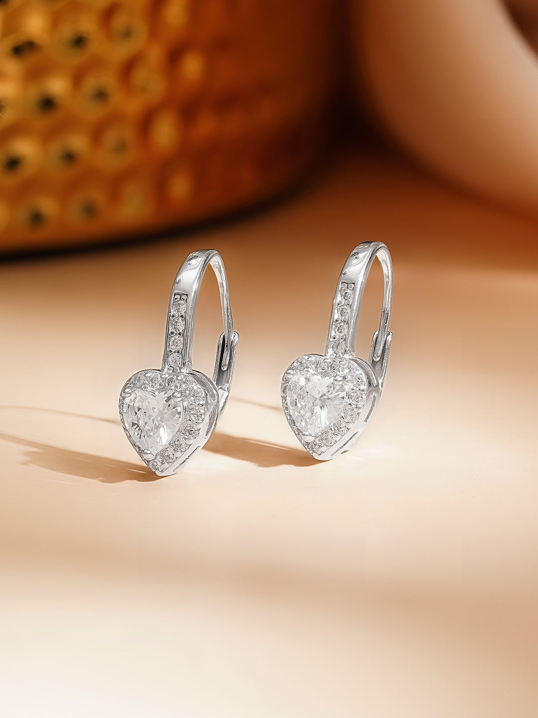 925 Fine Silver Minimal Heart Cubic Zirconia Hoop Earrings フリーサイズ