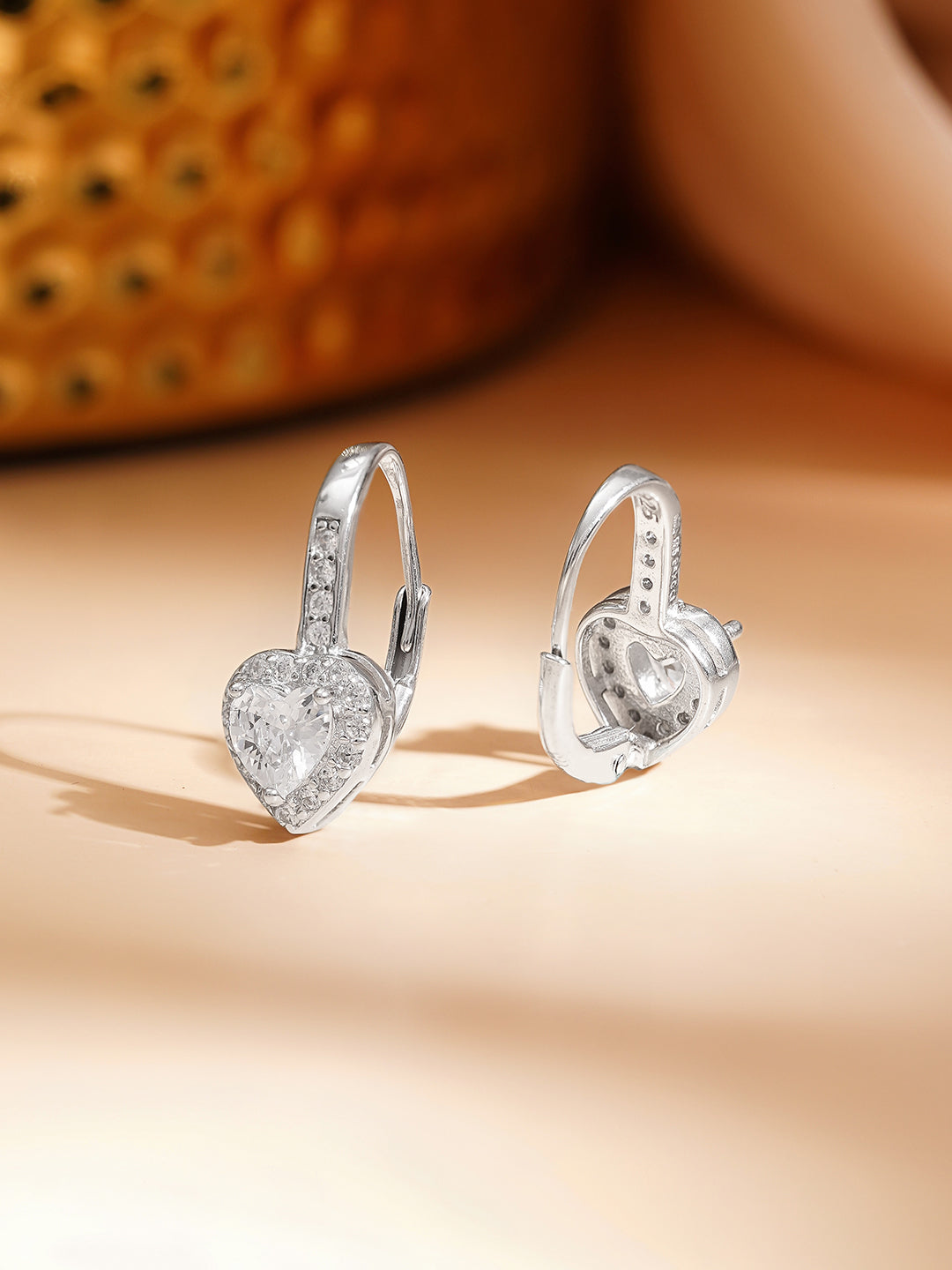 925 Fine Silver Minimal Heart Cubic Zirconia Hoop Earrings フリーサイズ