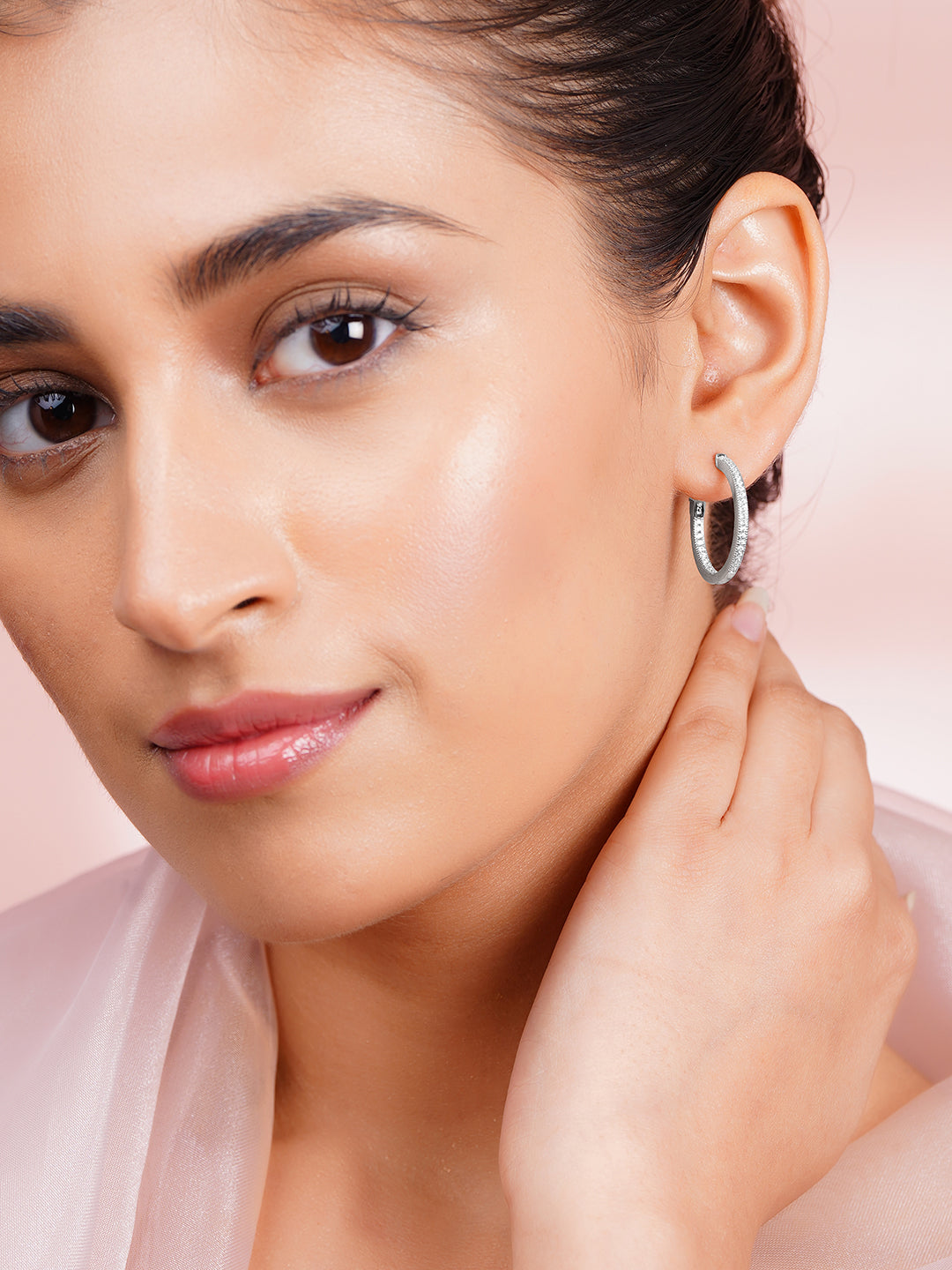 925 Fine Silver Crystal Minimal Hoop Earrings フリーサイズ