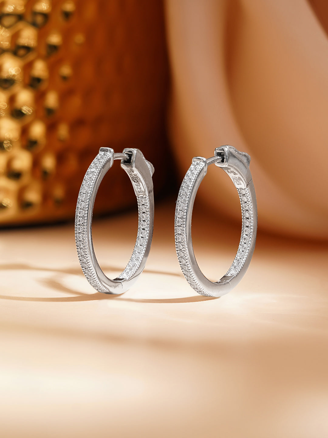 925 Fine Silver Crystal Minimal Hoop Earrings フリーサイズ