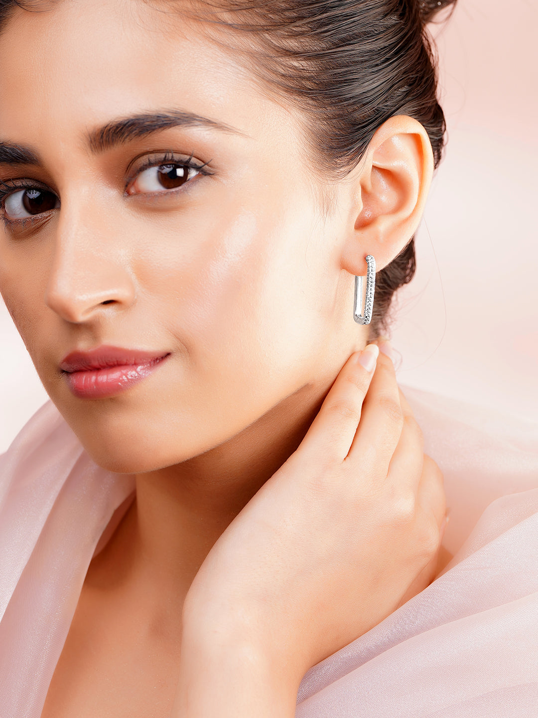 925 Fine Silver Pavé Cubic Zirconia Rectangular Hoop Earrings フリーサイズ