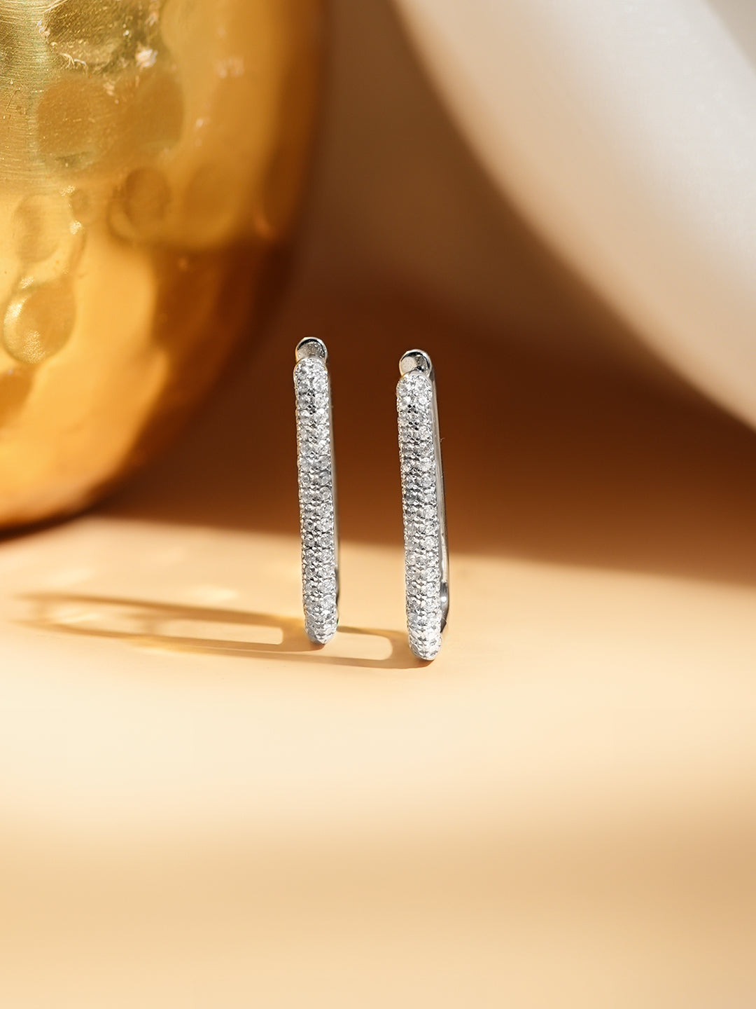 925 Fine Silver Pavé Cubic Zirconia Rectangular Hoop Earrings フリーサイズ