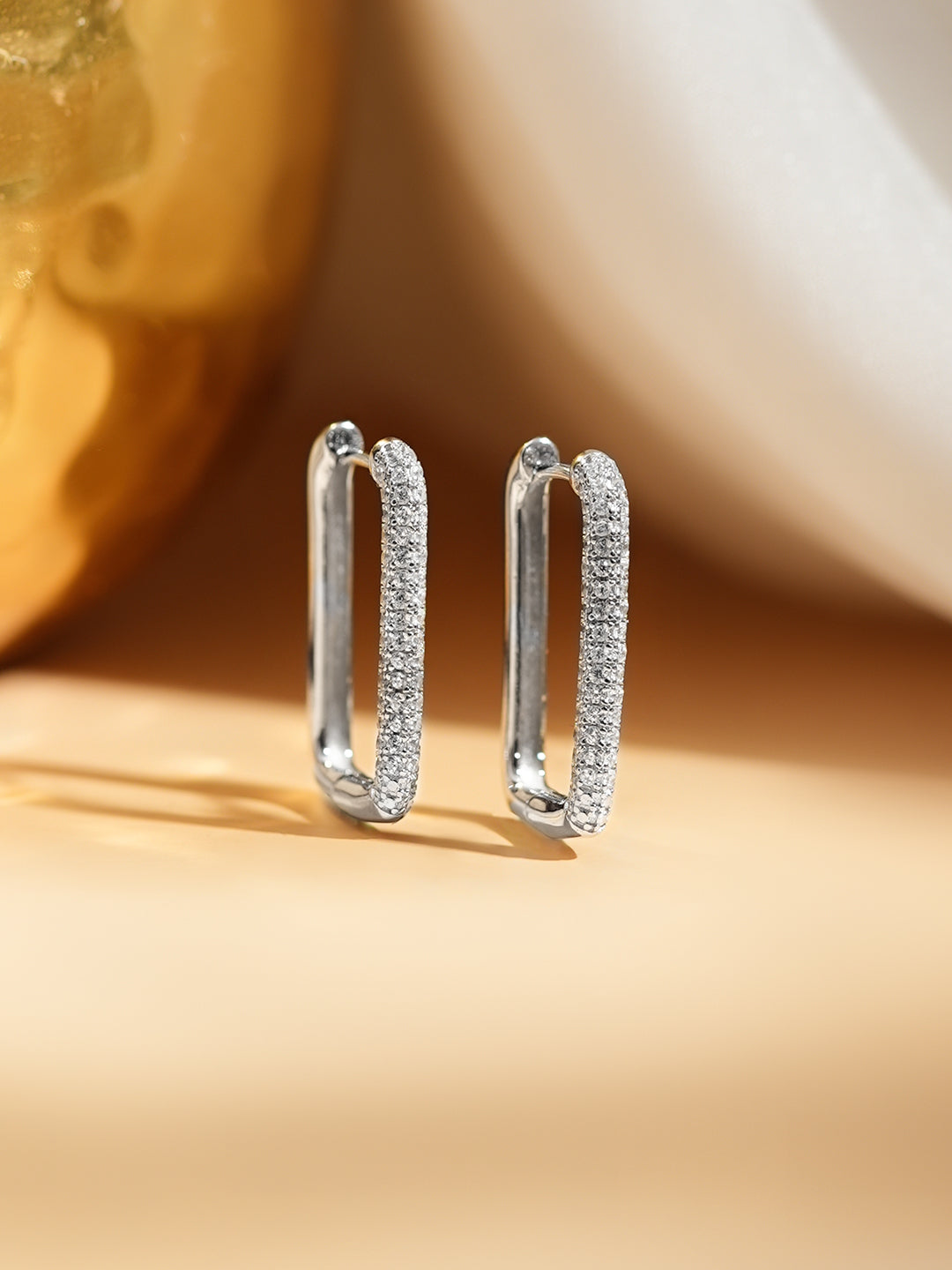 925 Fine Silver Pavé Cubic Zirconia Rectangular Hoop Earrings フリーサイズ