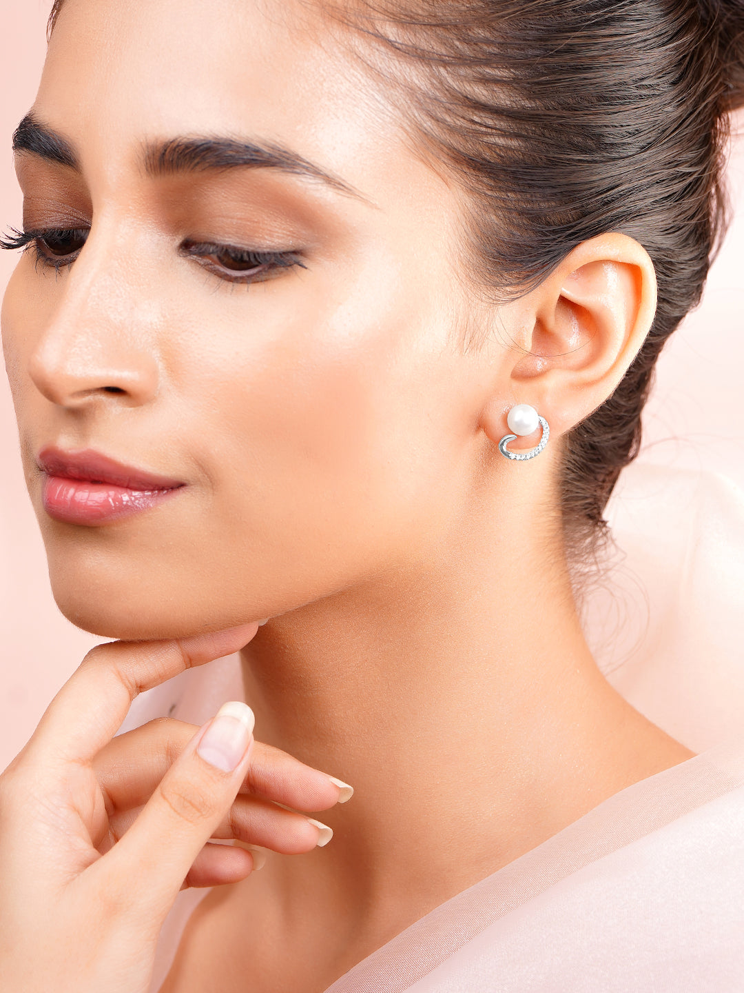 925 Fine Silver Crystal Pearl Swirl Stud Earrings フリーサイズ
