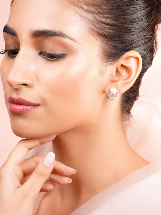 925 Fine Silver Crystal Pearl Swirl Stud Earrings フリーサイズ