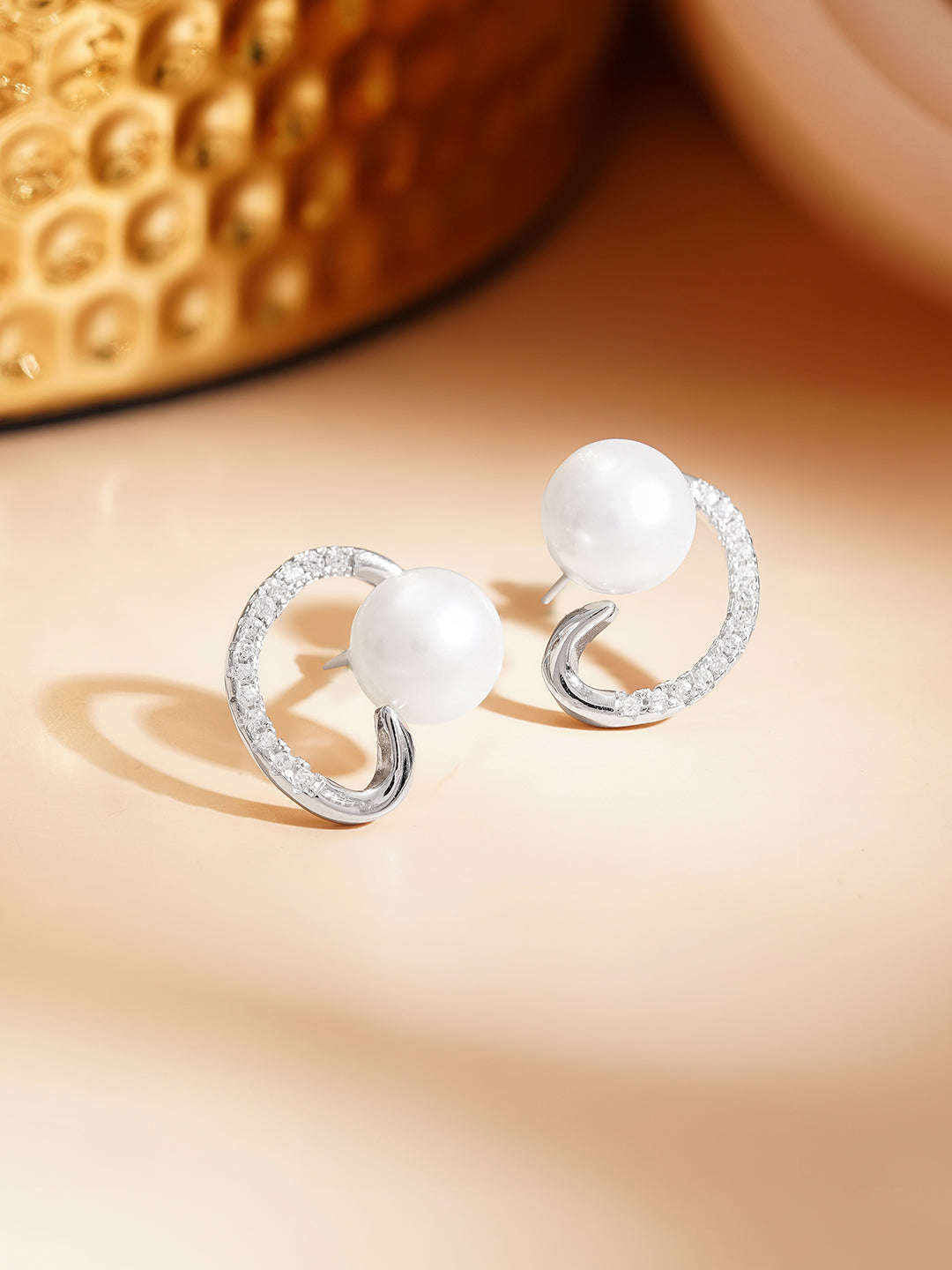 925 Fine Silver Crystal Pearl Swirl Stud Earrings フリーサイズ