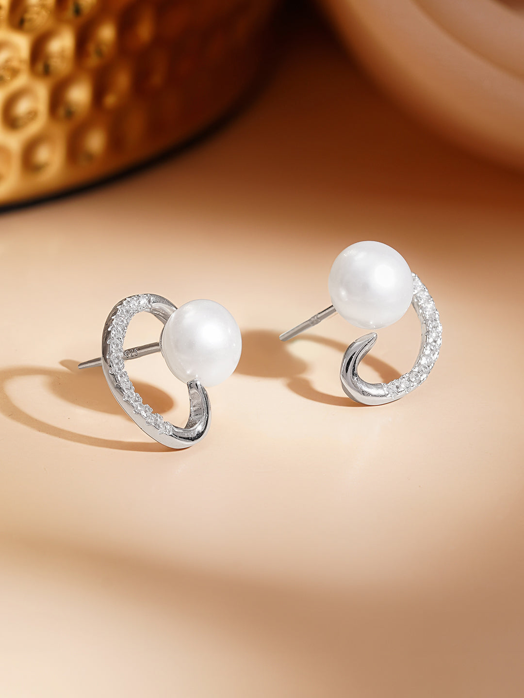 925 Fine Silver Crystal Pearl Swirl Stud Earrings フリーサイズ
