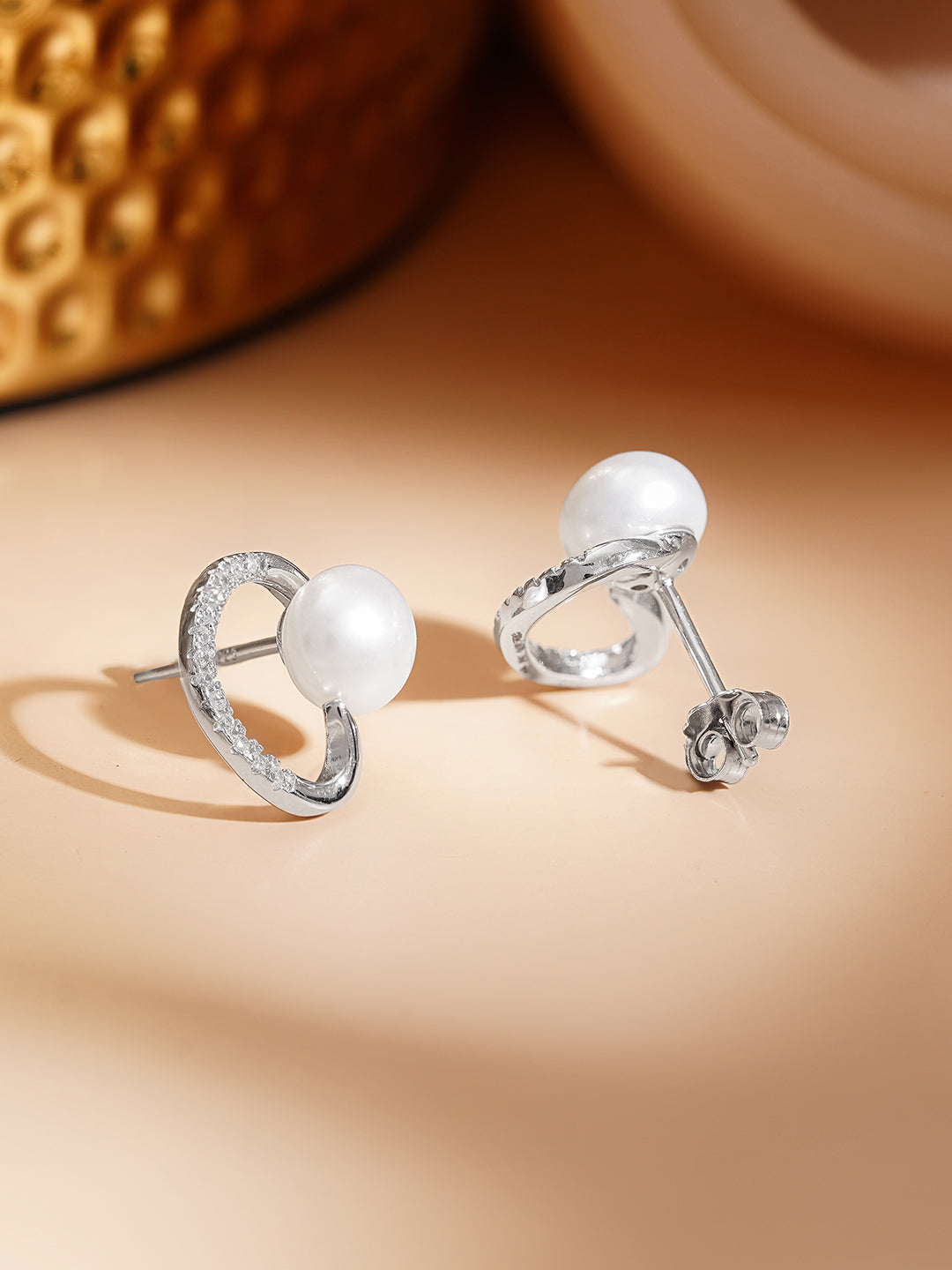 925 Fine Silver Crystal Pearl Swirl Stud Earrings フリーサイズ