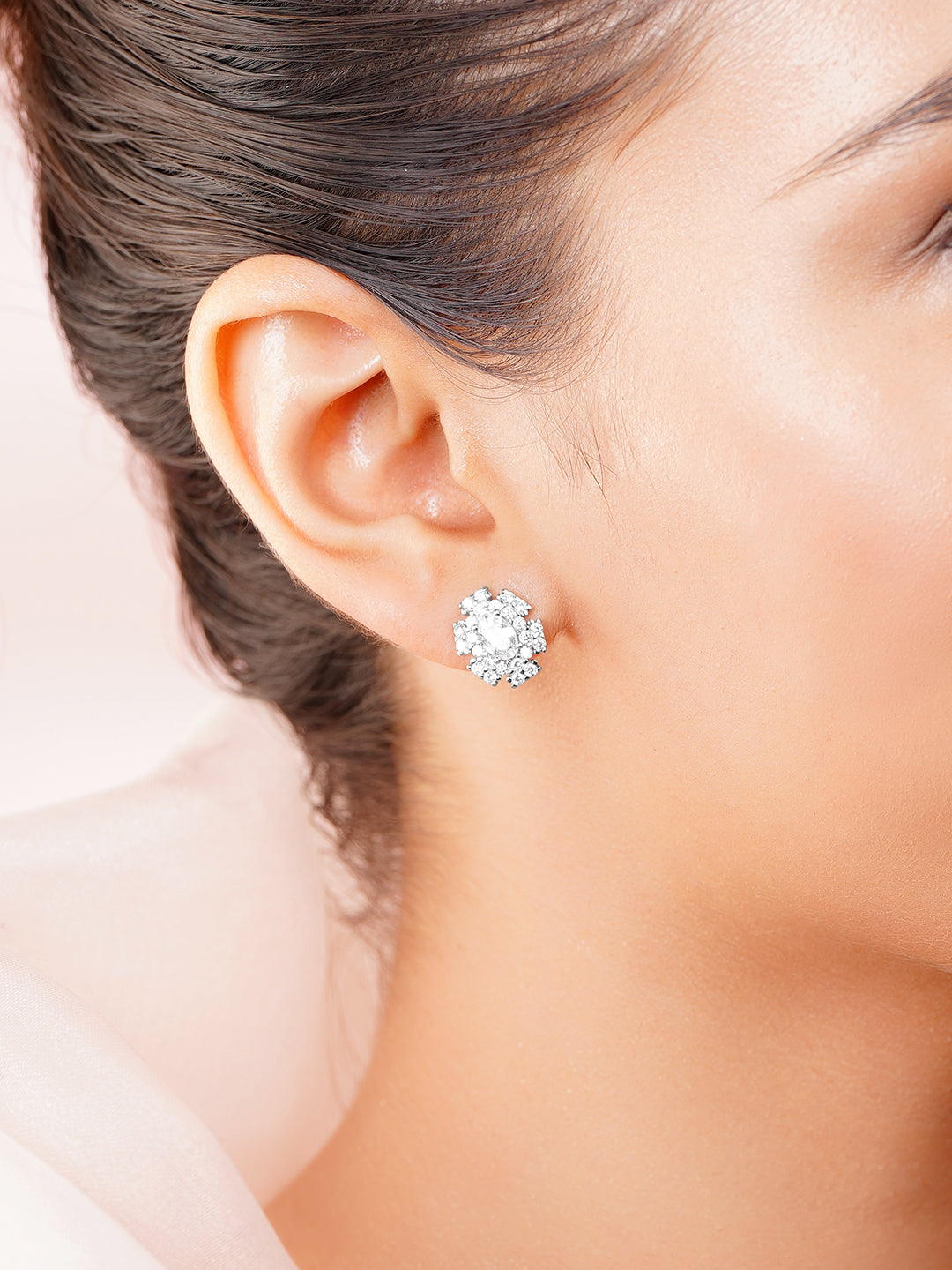 925 Fine Silver Crystal Blossom Stud Earrings フリーサイズ