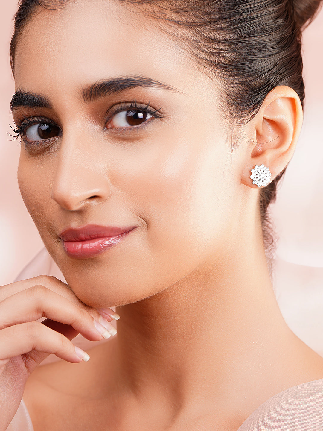 925 Fine Silver Rhodium Plated Floral Stud Earrings フリーサイズ