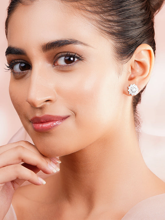 925 Fine Silver Rhodium Plated Floral Stud Earrings フリーサイズ