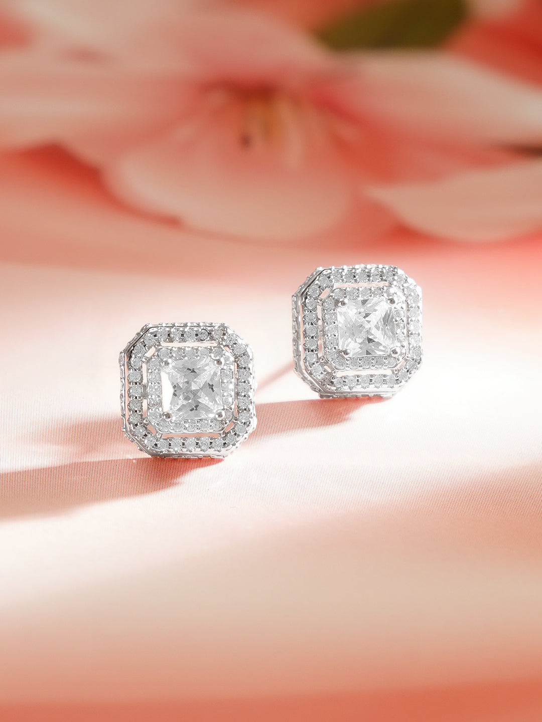 925 Fine Silver Crystal Regal Frame Stud Earrings フリーサイズ