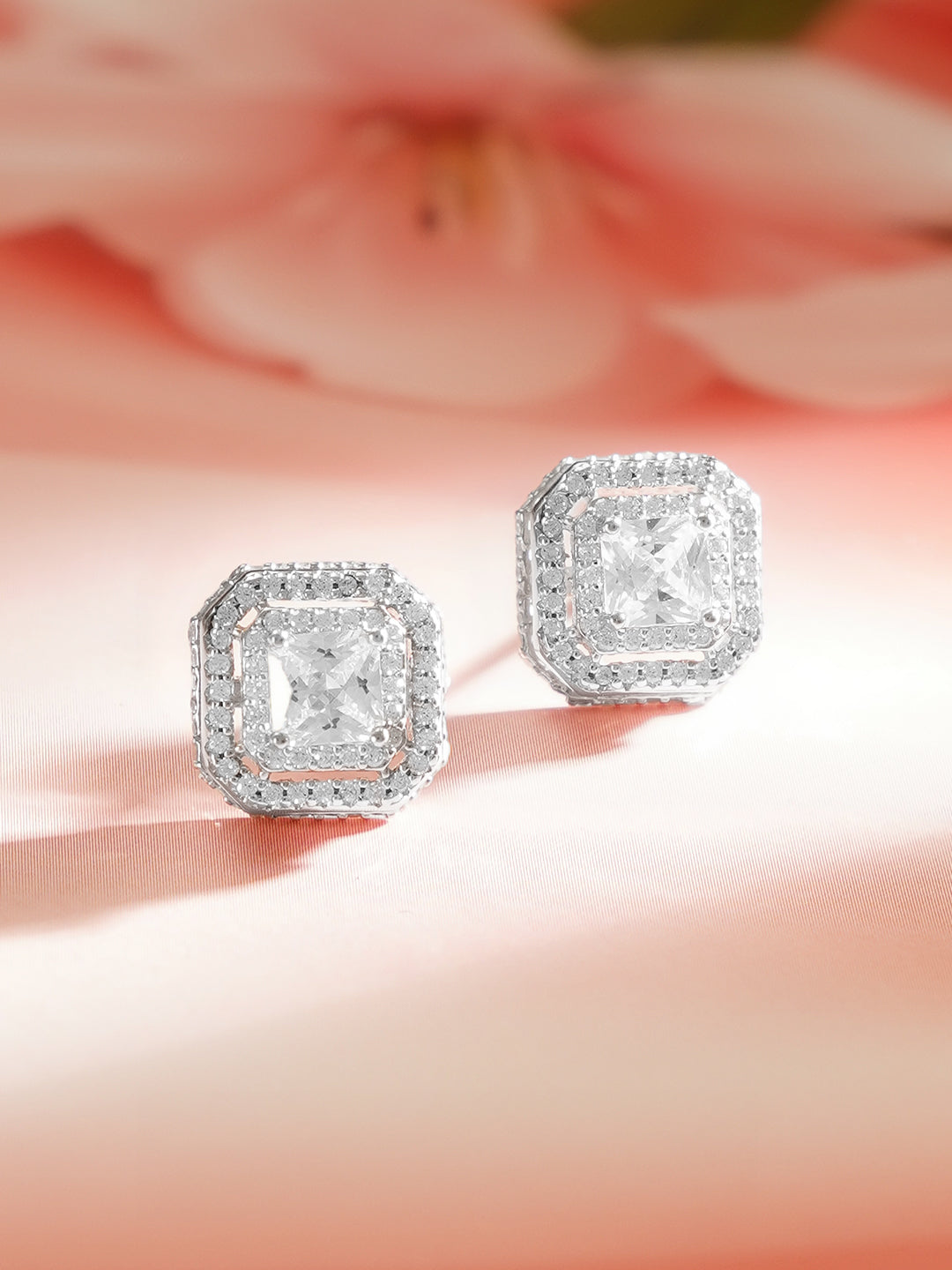 925 Fine Silver Crystal Regal Frame Stud Earrings フリーサイズ