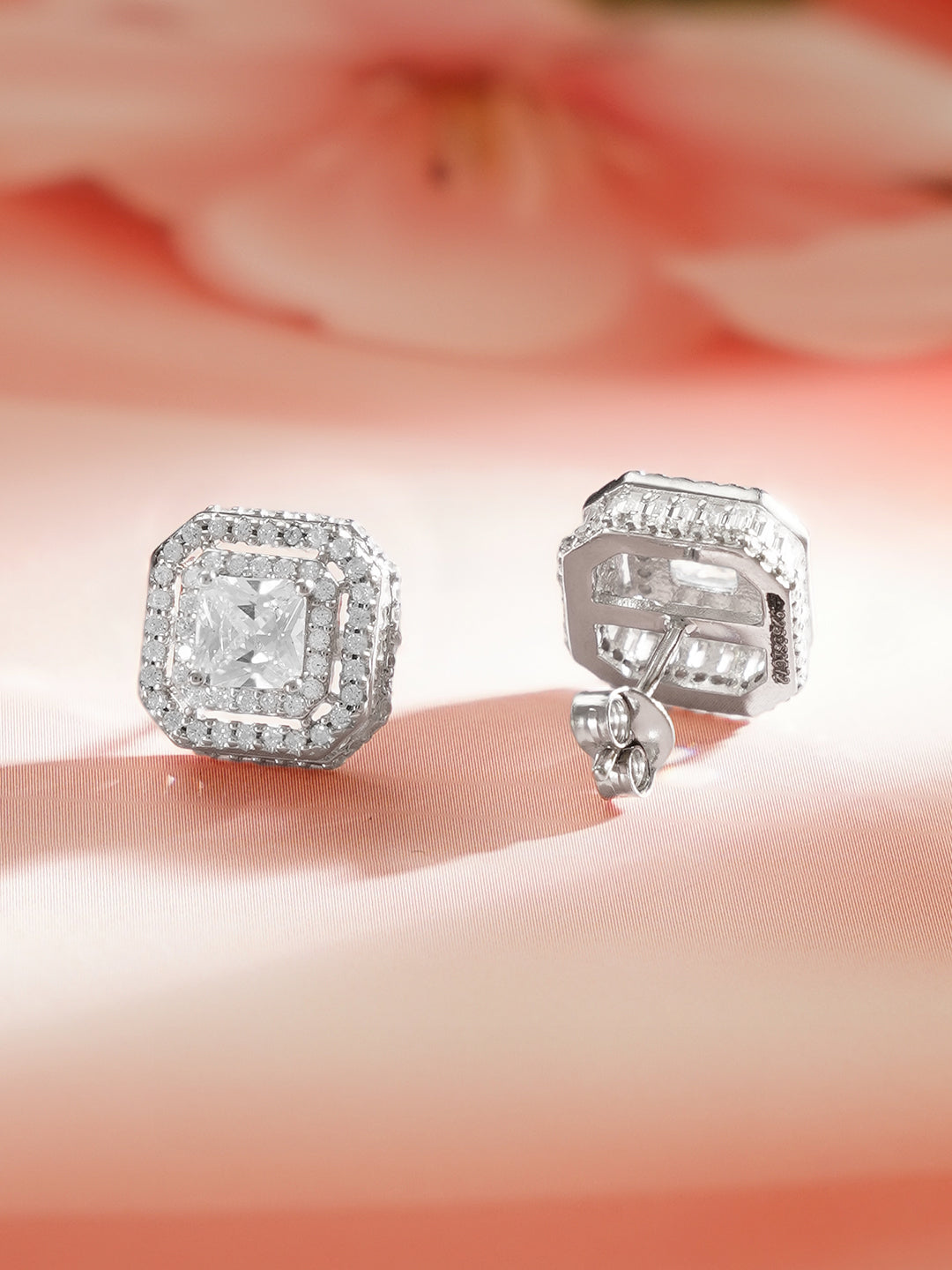 925 Fine Silver Crystal Regal Frame Stud Earrings フリーサイズ