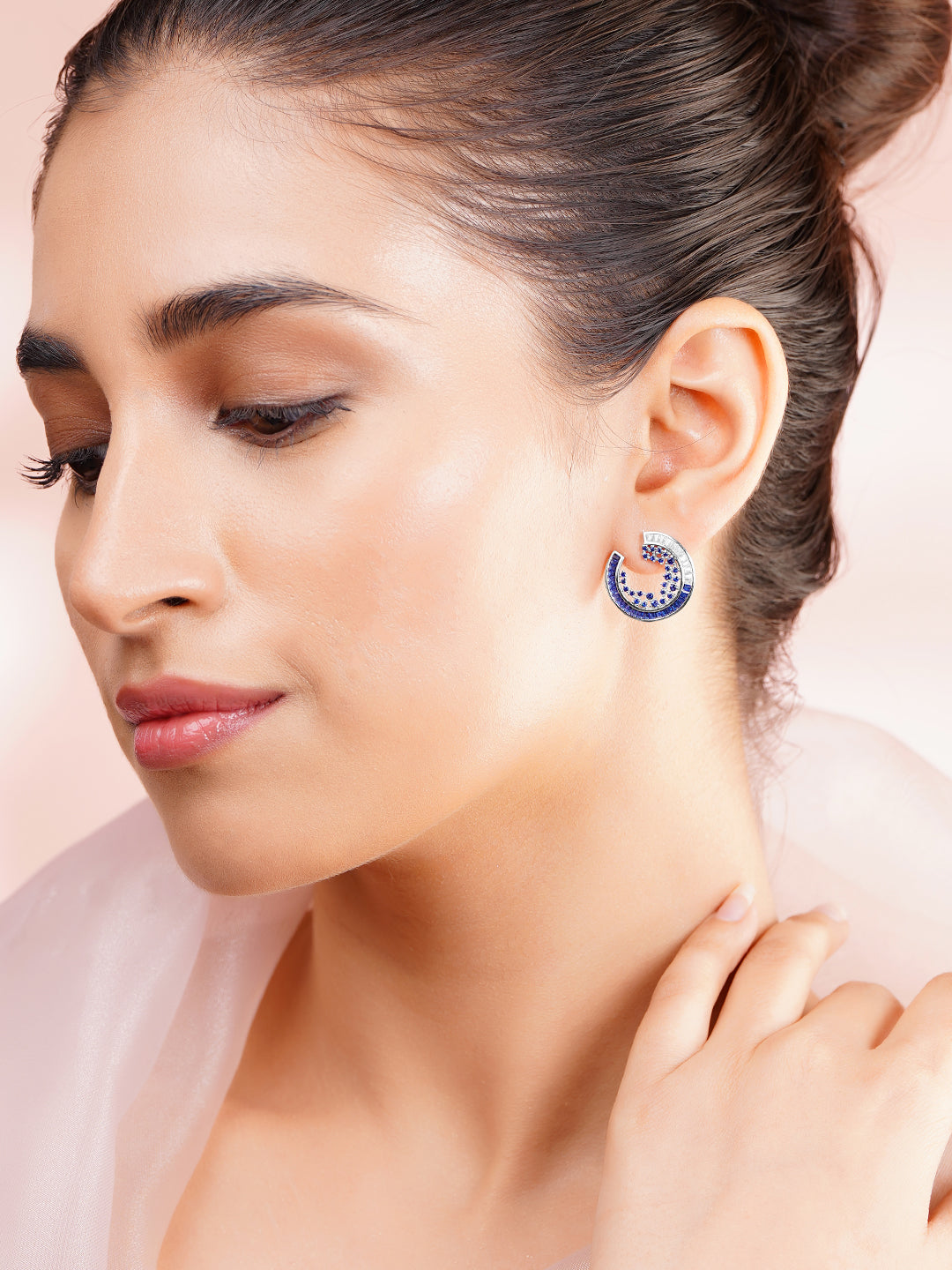 925 Fine Silver Blue Crystal Orbit Stud Earrings フリーサイズ