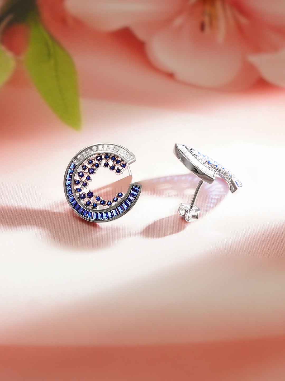925 Fine Silver Blue Crystal Orbit Stud Earrings フリーサイズ
