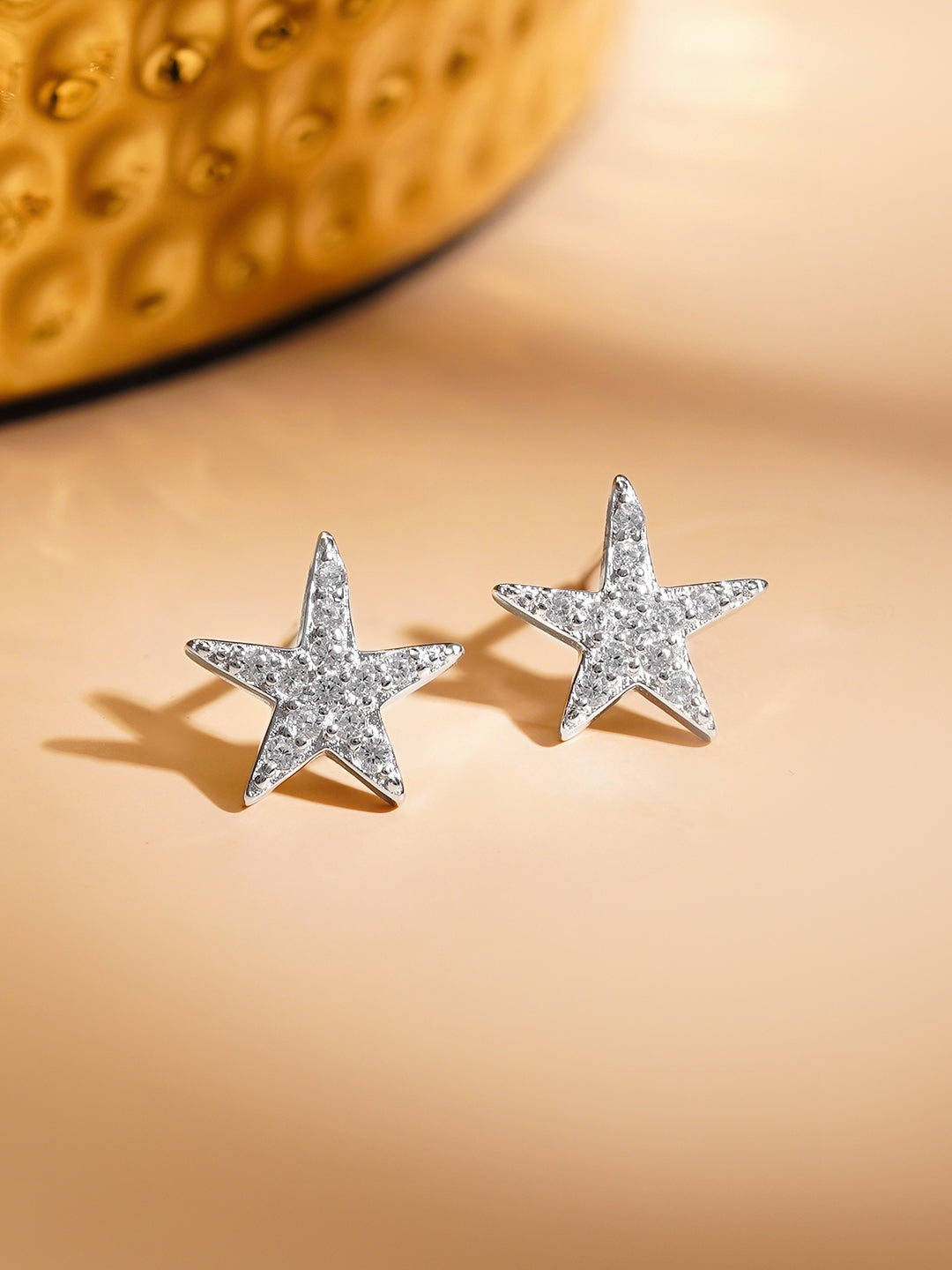925 Fine Silver Rhodium Plated American Diamond Zirconia Star Studs フリーサイズ