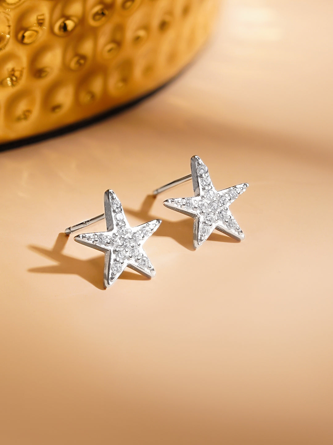 925 Fine Silver Rhodium Plated American Diamond Zirconia Star Studs フリーサイズ